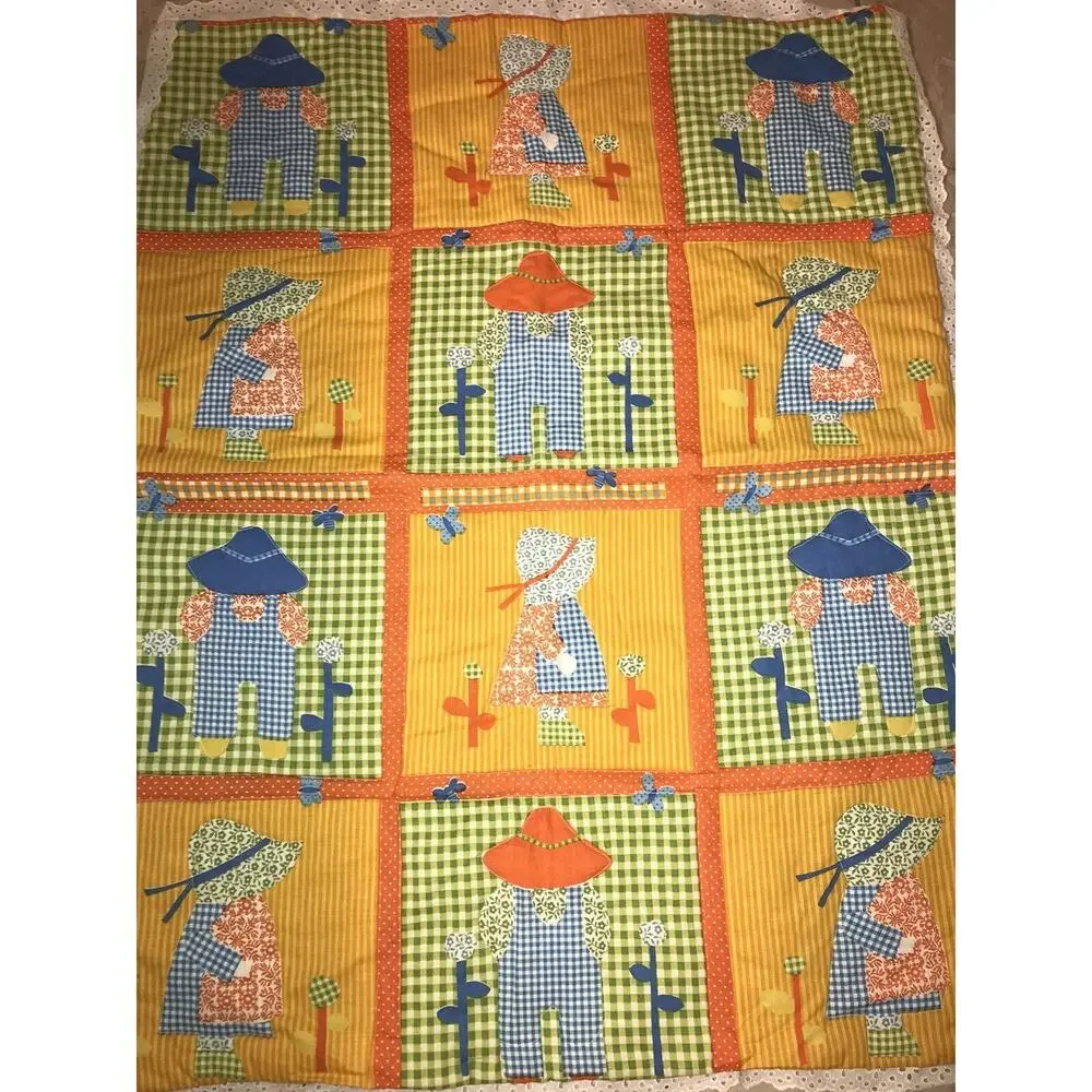 Handmade Quilt Farmer Garden Couple Grn Orng Crib Blanket Throw Baby 43